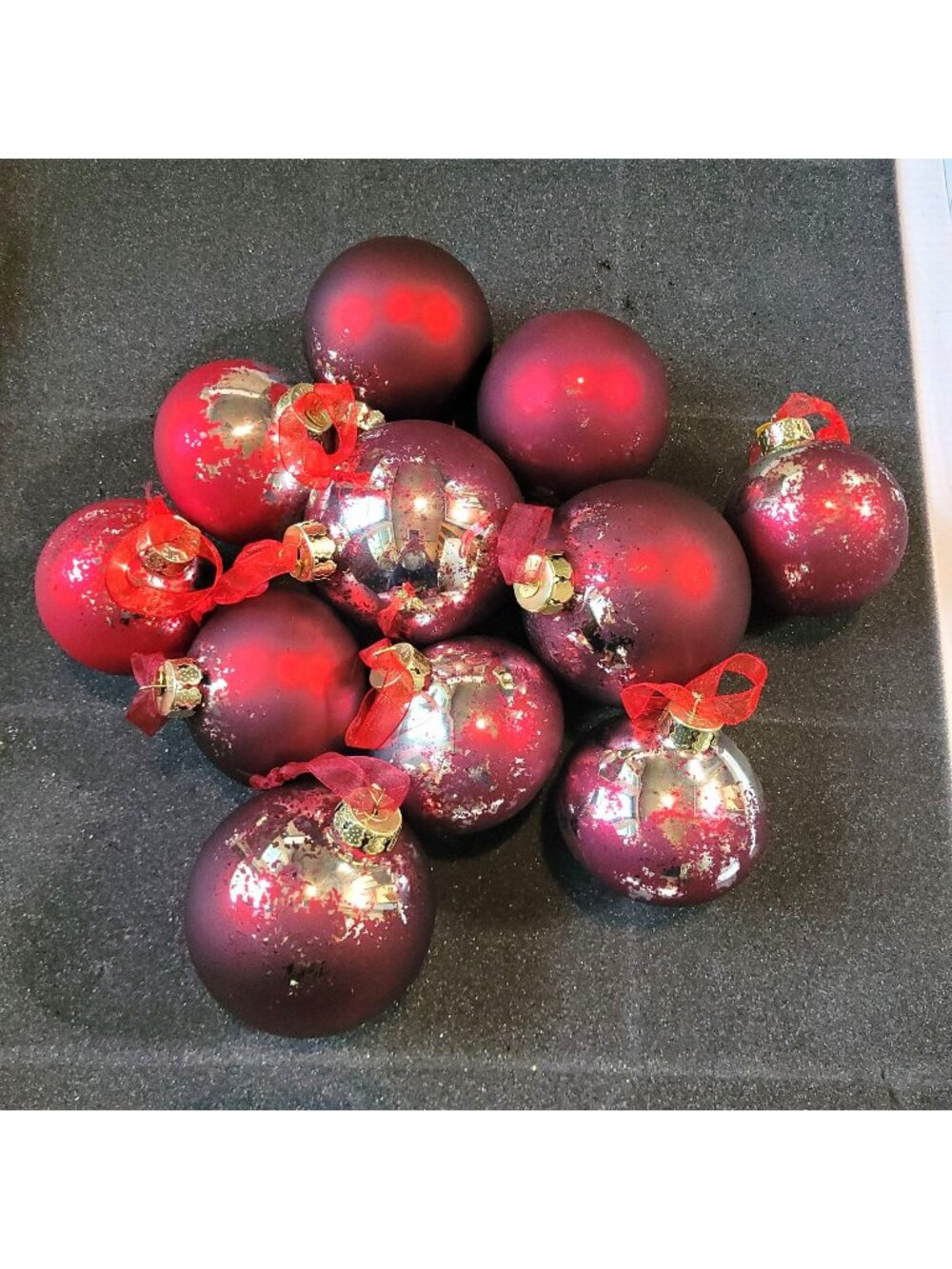 Frontgate Glass Christmas Ornaments Set 11 with Paint Flaking Red Burgundy Flaw